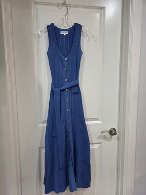 Karina Grimaldi Blue Ribbed Button-Front Sleeveless Midi Dress